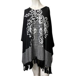 Black And Gray Poncho With Fringe Pullover One Size Ornate Design Striped NWT